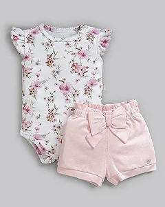 Conjunto Fem Body Florido e Short Suedine Rosa RN - Anjos Baby