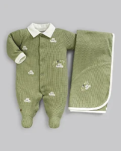 Saída Maternidade Masc Malha Trabalhada Carrinhos Verde RN - Anjos Baby