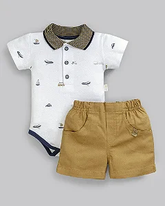 Conjunto Masc Body Veículos e Bermuda Mostarda P - Anjos Baby
