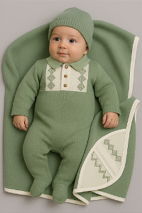 Saida Maternidade Masc em Malha Tricot Bordado Verde P - Anjos Baby