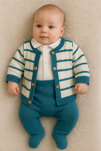 Saída Maternidade Masc Tricot Jacquard Jadineira c/ 4 peças Azul Petroleo - Noruega