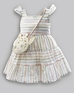Vestido Maquinetado Listras Coloridas c/ Bolsa  - Anjos Baby
