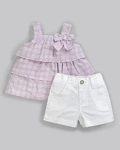 Conjunto Fem Bata Xadrez Rosa e Short Linho G - Anjos Baby