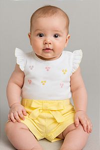 Conjunto Fem Body Florzinhas e Short Amarelo Laço P - Anjos Baby