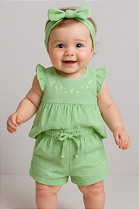 Conjunto Fem Bata e Short em Malha Anarruga Verde M - Anjos Baby