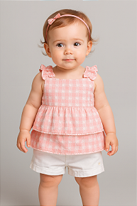 Conjunto Bata em Lease Rosa e Short Linho Branco 01 - Anjos Baby