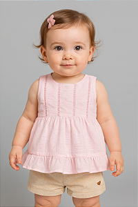 Conjunto Fem Bata Rosa e Short Linho Cru G - Anjos Baby