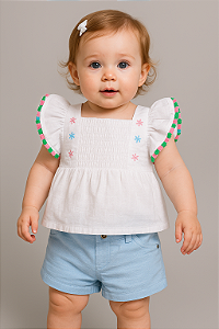 Conjunto Fem Bata c/ Bordados e Short Azul 01 - Anjos Baby