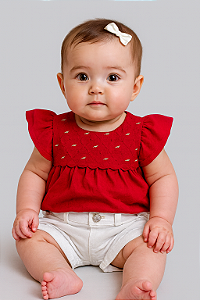 Conjunto Fem Bata MC Vermelho e Short Linho Branco - Anjos Baby