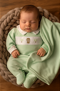 Saída Maternidade Masc Verde Bordado Leãozinho Suedine Pima P- Anjos Baby