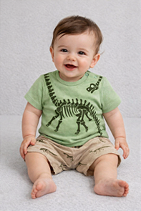 Conjunto Masc Camiseta Verde e Short Moletinho Dinossauro M - Anjos Baby