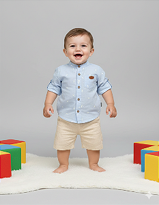 Conjunto Masc Camisa ML Azul e Bermuda Linho 01 - Anjos Baby