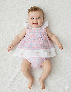 Conjunto Fem Bata Morango e Calcinha Xadrez Rosa M - Anjos Baby