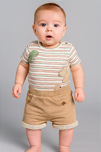 Conjunto Masc Body Dino Listras e Bermuda Cáqui M - Anjos Baby