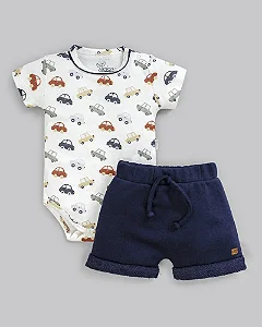 Conjunto Masc Body Carros e bermuda Azul Marinho RN - Anjos Baby