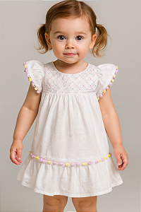 Vestido Maquinetado Branco c/ Pompons e Bordado - Anjos Baby
