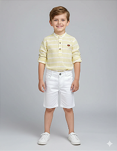 Conjunto Masc Camisa Listrada Amarelo e Bermuda Branca  - Anjos Baby