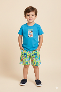 Conjunto Masc Camiseta Azul Viva o Momento e Bermuda Tactel - Jaca Lelé