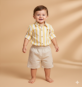 Conjunto Masc Camisa Listrada e Bermuda Bege 01 - Nini e Bambini