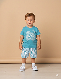 Conjunto Masc Camiseta Azul Ilha e Bermuda Listra Azul 01 - Nini e Bambini