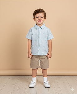 Conjunto Masc Camisa Palmeira Tricoline e Bermuda Sarja - Nini e Bambini