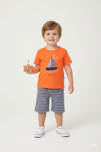 Conjunto Masc Camiseta Laranja Veleiro e Bermuda Listras - Jaca Lelé