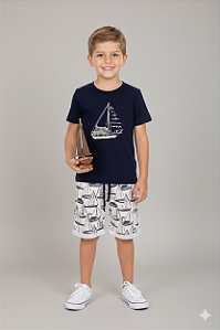 Conjunto Masc Camiseta Azul e Bermuda Veleiros - Jaca Lelé