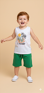 Conjunto Masc Regata Branca Sol e Bermuda Verde 02 - Jaca Lelé