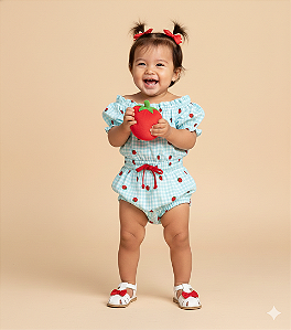 Conjunto Fem Cropped e Short Xadrez Azul Tiffany Tomatinhos 01 - Jaca Lelé