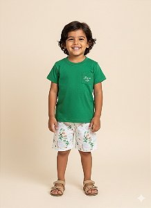 Conjunto Masc Camiseta Verde e Bermuda Estampada Tactel - Nini e Bambini