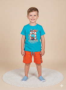 Conjunto Masc Camiseta Azul Caranguejo e Bermuda Tactel - Jaca Lelé