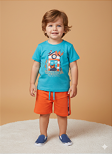 Conjunto Masc Camiseta Azul Explorador e Bermuda Laranja 01 - Jaca Lelé