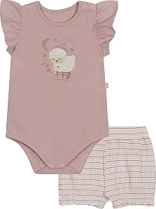 Conjunto Fem Body Rosa e Short Canelado Carneirinho M - Nini e Bambini