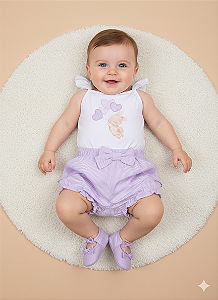 Conjunto Fem Body Alcinha Branco e Short Listrado Lavanda M - Nini e Bambini