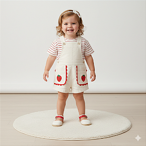 Conjunto Fem Blusa Listras e Jardineira Morango 01 - Nini e Bambini