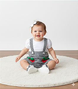 Conjunto Fem Blusa Branca e Jardineira Xadrez Maçãs M - Nini e Bambini