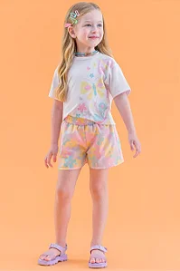 Conjunto Fem Blusa Branca Borboletas e Short Estampado - Malagah