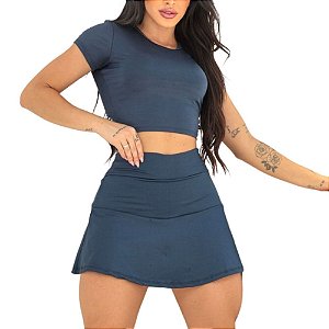 Conjunto Fitness Feminino Short Saia Rodado com Cropped Básico Suplex