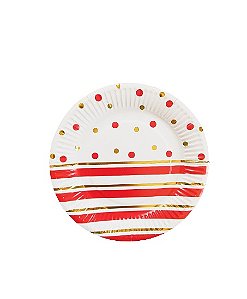 Prato de Papel Poá com Listras - Vermelho - 10 unds