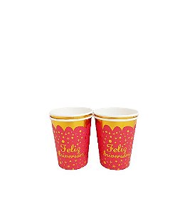 Copo de Papel Feliz Aniversário - Vermelho com Dourado - 10 unds