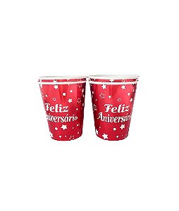 Copo de Papel Feliz Aniversário com Estrelas - Vermelho - 10 unds