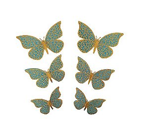 Borboleta 3D Decorativa de Papel - Dourada com fundo Azul - 6 unds