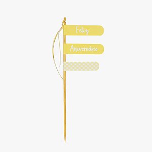 Topo para Bolo Feliz Aniversário - Vichy Amarelo - Und