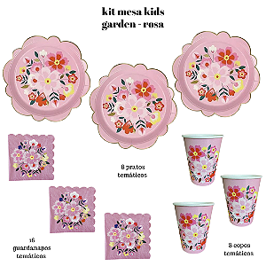 Kit Mesa Infantil Descartável Garden Rosa | 32 Peças para Festa Infantil | Pratos, Copos e Guardanapos Temáticos para Aniversário e Decoração