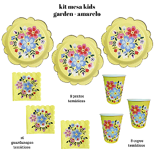 Kit Mesa Infantil Descartável Garden Amarelo | 32 Peças para Festa Temática | Pratos, Copos e Guardanapos para Decoração de Festa Infantil