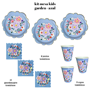 Kit Mesa Infantil Descartável Garden Azul | 32 Peças para Festa Infantil | Pratos, Copos e Guardanapos Temáticos para Aniversário e Decoração