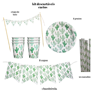 Kit Descartáveis Premium Tema Cactos – 38 Itens para Festa Temática Sustentável e Colorida