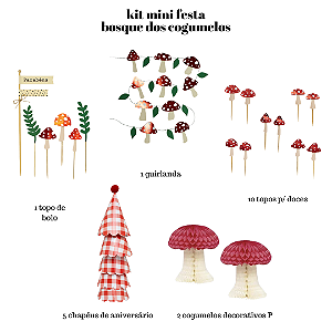 Kit Festa Pronta Tema Bosque dos Cogumelos - 19 Itens para Decoração