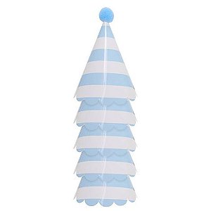 Chapéu de Aniversário com Pompom – Listra Azul Céu | Kit 5 Unidades para Festa Infantil e Decoração de Aniversário