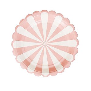 Prato de Papel Listrado Carrossel Rosa Claro 19cm - 8 unds